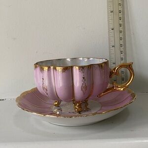 Vintage Royal Sealy Porcelain pink and gold Lusterware 3 Footed Tea Cup,Saucer